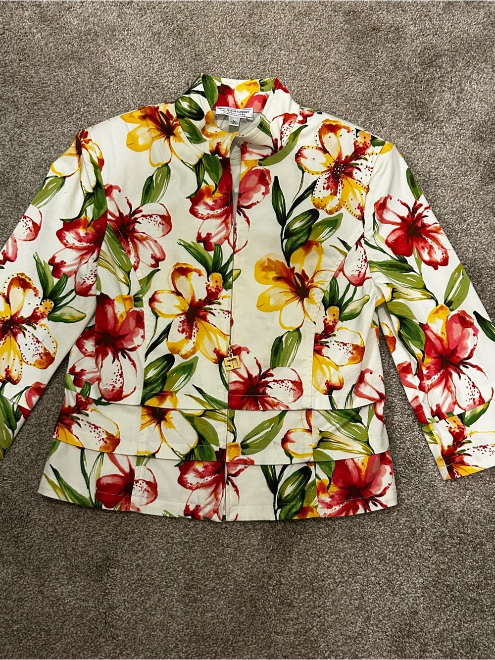 St John Sport White Floral Zip-Front Jacket